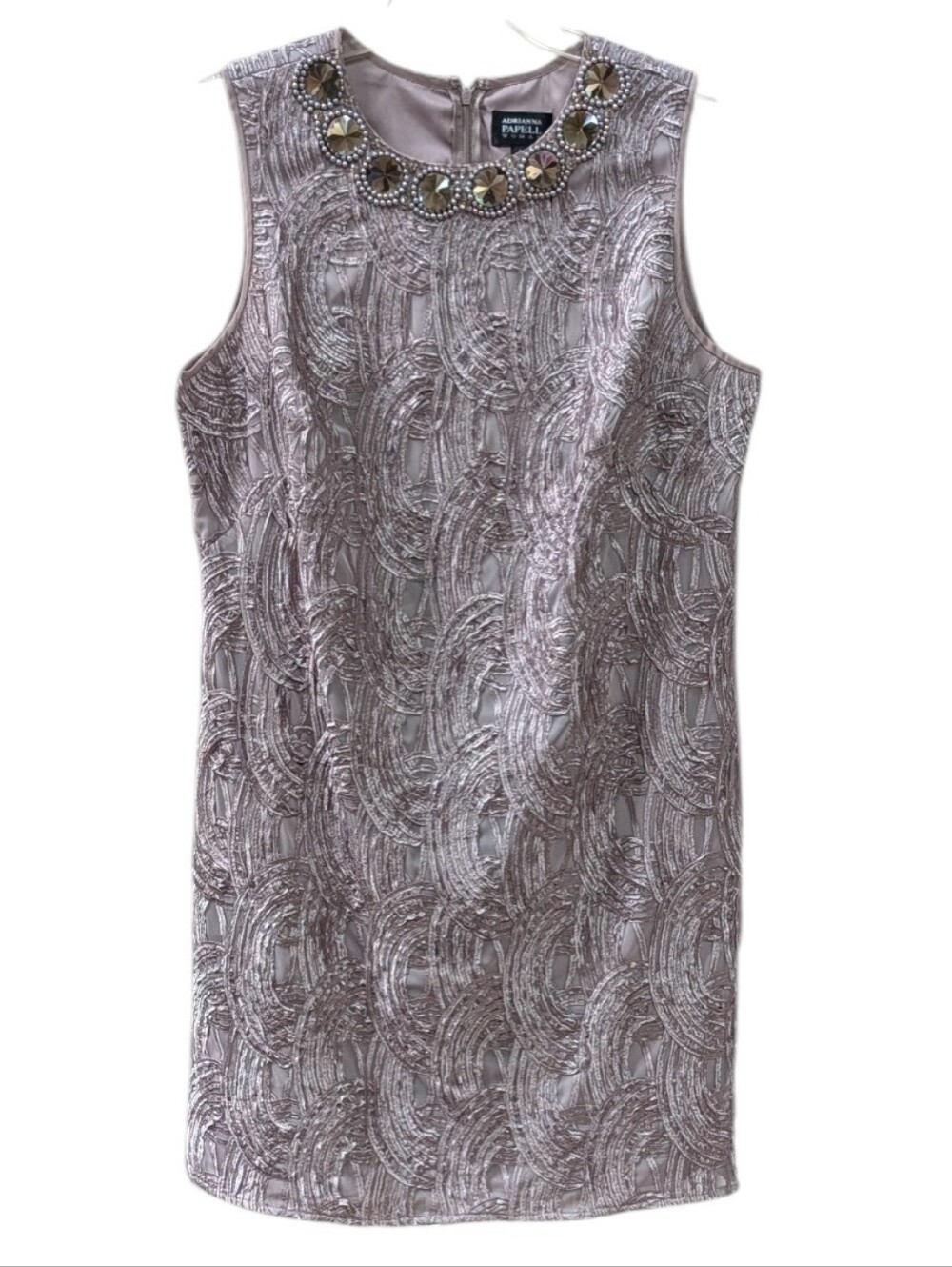 Adrianna Papell, Shimmery Taupe Jeweled Neck Sleeveless Dress. 16 W